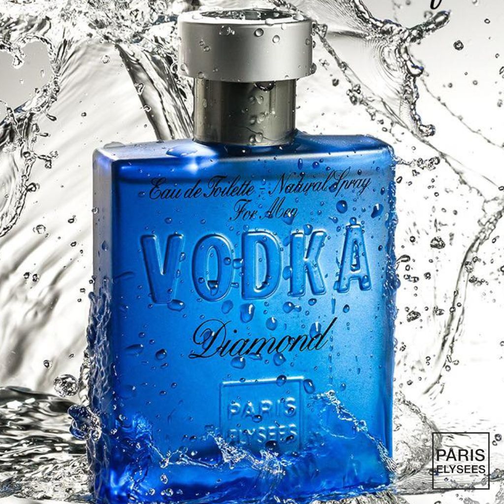 Perfume Masculino Vodka Diamond Paris Elysees 100 ml Imagem fundo com gotas de agua